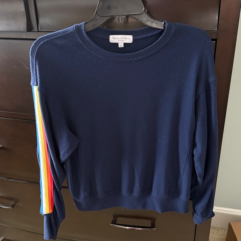 Michael Stars Navy Sweatshirt with Rainbow Stripe Sleeve size xs - Picture 4 of 6